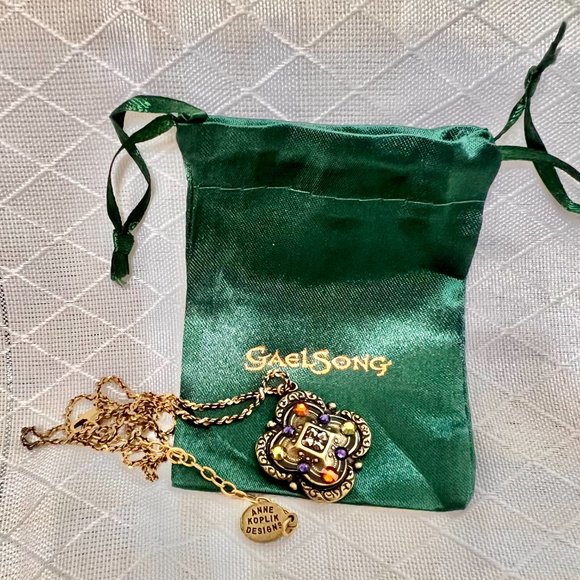 Ann Koplik Gaelsong Quatrefoil Crystal Pendant Necklace, VTG Irish Jewelry - Picture 4 of 12